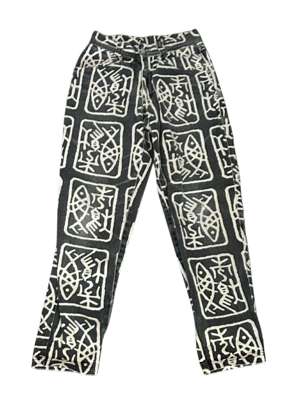 Vintage 90s IM International Male Block Print Fish Jeans | Black/Cream | Size 29